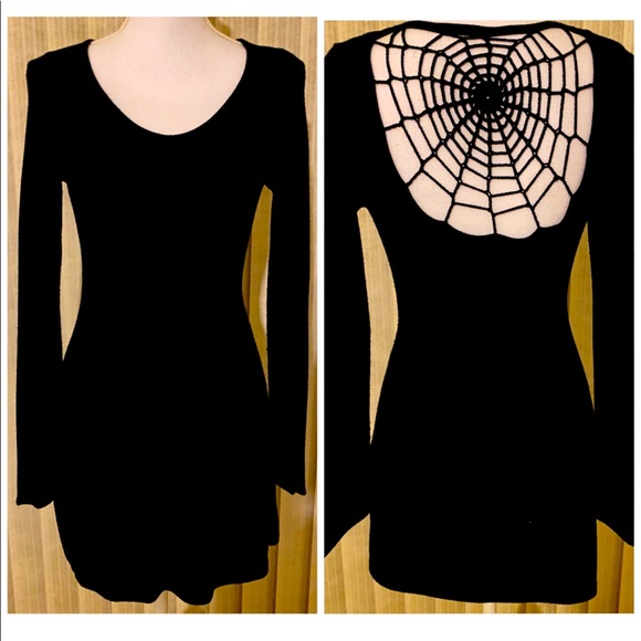 Teenage Runaway Dresses & Skirts - Teenage Runaway Spiderweb Open Back Long-sleeve Black Stretch Mini Dress